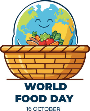 World Food Day JPG vector illustration featuring a smiling globe character behind a harvest basket full of fresh organic vegetables.
