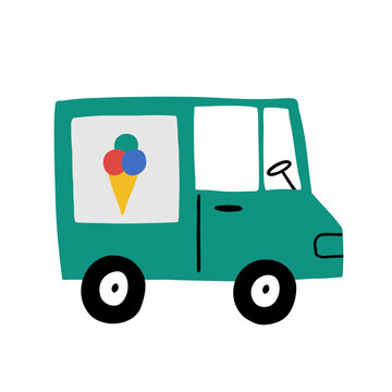 Hand drawn green ice cream truck illustration with colorful cone sign. Playful food vehicle in a simple naive style, isolated on white, for kids, summer, dessert and transport themes.