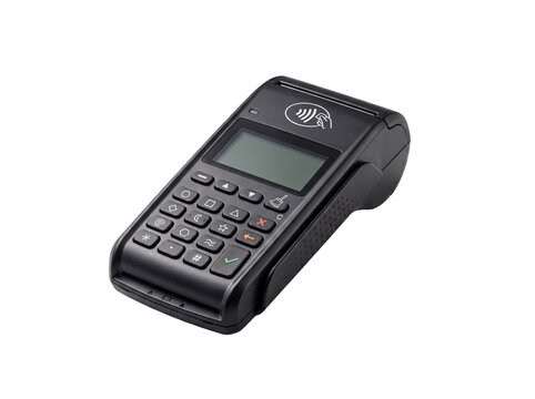 Black wireless payment terminal credit card machine isolated on transparent background