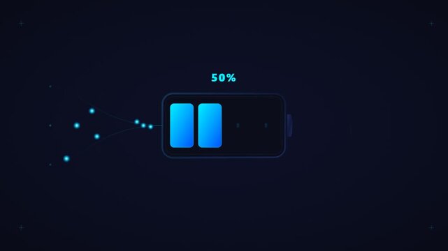 Digital battery icon charging from 25 to 100 percent on dark background