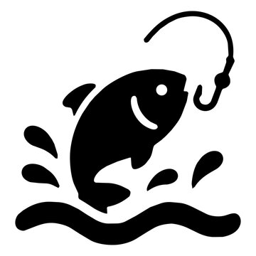 Fishing icon with jumping fish and hook silhouette design element