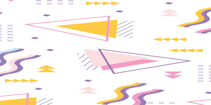 Abstract Memphis style pattern background with colorful geometric triangles and wavy lines