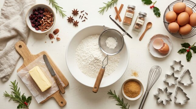 Baking ingredients arranged for holiday cookies with festive sprigs and spices