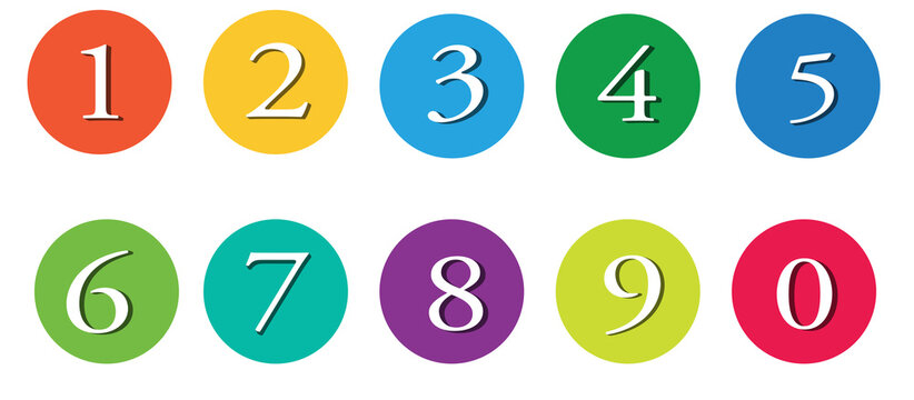 Set of colorful 3D circle number icons 0 to 9, numeric round buttons on r isolated on transparent background