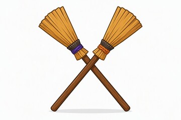 Fototapeta premium Halloween broomsticks and witch's tools crossed on a white background