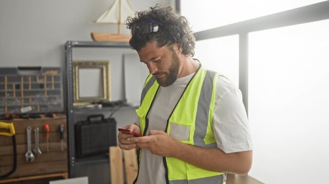 Man carpenter wearing vest texting on smartphone with hands, looking down at device inside a workshop building; concentration planning.