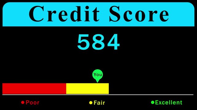 Credit score rating illustration displaying a score of 582 with a &ldquo;Fair&rdquo; rating indicator and color-coded scale from poor to excellent.