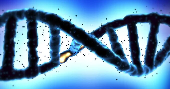 Glowing dna mutation on rotating double helix structure in blue background. Science and Medical Concept.