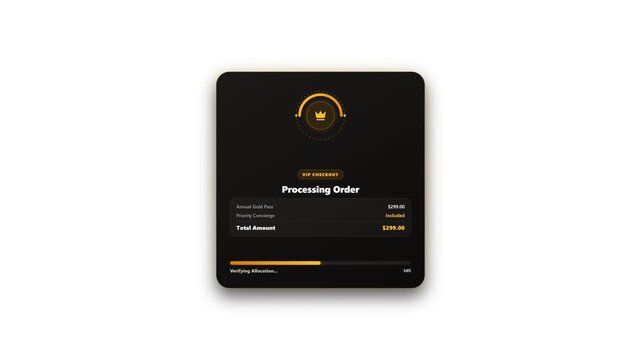 Luxurious amber and warm gold edition featuring a dual rotating ring design, floating geometric elements, itemized VIP breakdown, and animated progress bar on a transparent background.