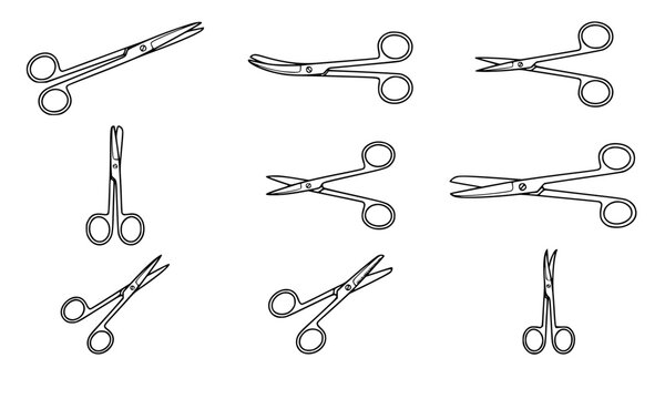 Surgical Scissors Medical Line Art Collection with Straight Curved Blunt and Precision Tools for Hospital Healthcare Surgery and Anatomy