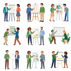 Fototapeta premium Set of business people character illustrations presenting data on flip charts and whiteboards during office meetings and workshops