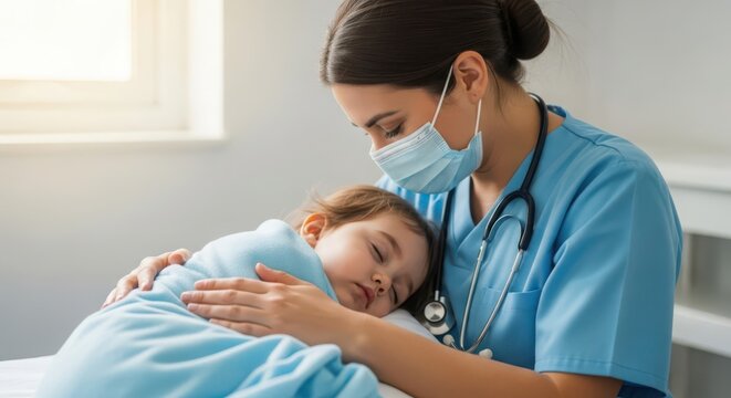 Pediatric nurse gently comforting sleeping baby in healthcare setting