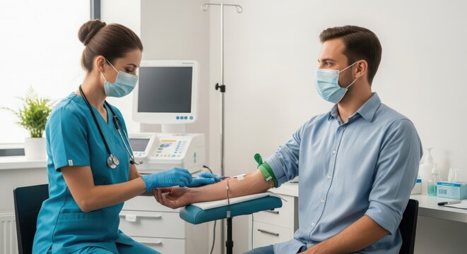 Professional nurse carefully performing a blood draw procedure on a male patient in a modern medical clinic setting