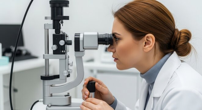 Professional ophthalmologist conducting eye examination using a slit lamp biomicroscope in a clinical setting for vision care