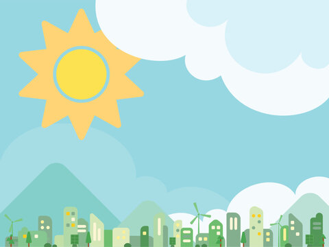 Blunt A002 ECO city with big sun shows the landscape of renewable energy cities vector illustration graphic EPS 10