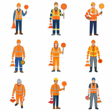 Set of Professional Road Construction Workers and Traffic Controllers in High Visibility Vests with Cones and Signal Signs Isolated on White Background