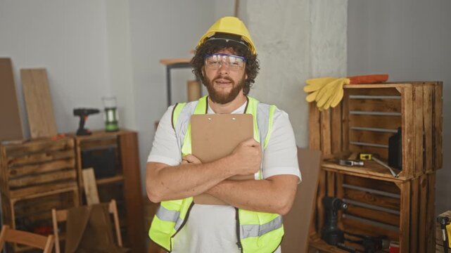 Man holding clipboard, arms crossed hugging clipboard, wearing hard hat and hi vis vest inside building with wooden crates and tools; confidence.