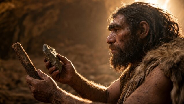 Prehistoric caveman making stone tool in cave. Primitive neolithic man crafting weapon from flint and stick. Evolution of humanity and ancient technology concept. History of early human civilization.