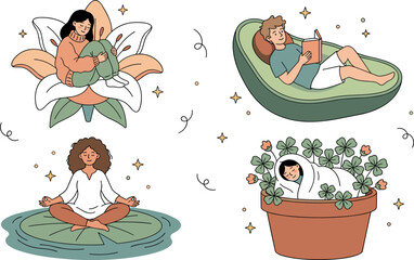 Fototapeta premium Mental Health Self Care and Meditation Vector Set with People Relaxing in Nature Elements