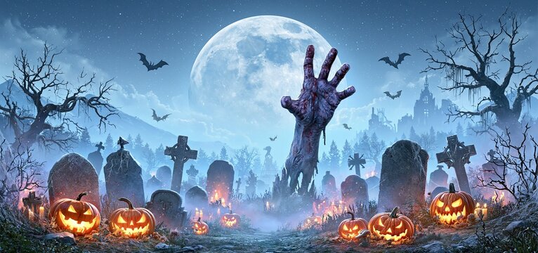 In a foggy graveyard at night, a zombie hand rises amid glowing jack-o'-lanterns and spooky Halloween vibes.