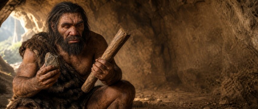 Caveman sitting in cave holding wooden stick and stone tool. Prehistoric man making primitive tools. Stone age survival, human evolution and ancient history concept for education