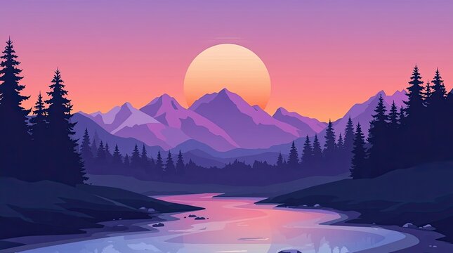 illustration of a serene mountain landscape at sunset