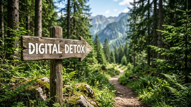 A wooden sign marked 'Digital Detox' points along a forest path, inviting a retreat.