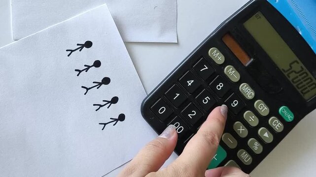 Close up of a drawing representing groups of people next to a woman using a calculator, illustrating demographics, population statistics, birth rates, data analysis and population research.