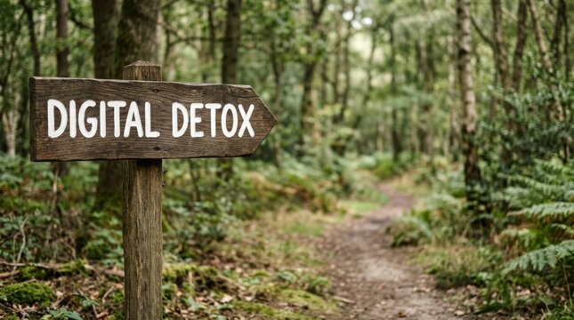 Wooden sign in a forest indicating a digital detox path. Serene natural setting.
