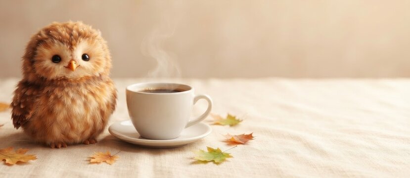 Cute fluffy owl chick sitting next to cup of hot coffee with steam and autumn leaves on table. Cozy fall morning atmosphere. Warm seasonal concept for greeting card, autumn decor and cafe advertising.