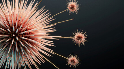 Fototapeta premium Abstract sea urchin structure featuring glowing spines and faint gold wiring radiating unevenly from a dense core against a dark background
