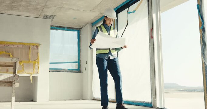 Blueprint, construction and inspection with woman in real estate development for project management. Architecture, floor plan and walking with person in house for property building or quality control