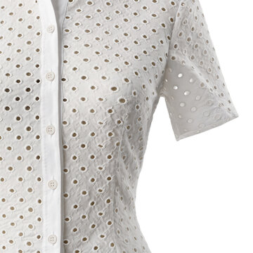 White cotton eyelet nursing top featuring a button down placket presented on a transparent background