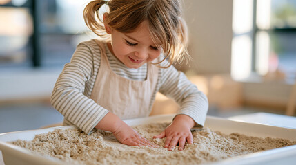 Fototapeta premium Toddler girl with gap teeth pressing both palms into a large bin of cool kinetic sand at a sensory play table, deeply focused expression, afternoon sunlight through playroom