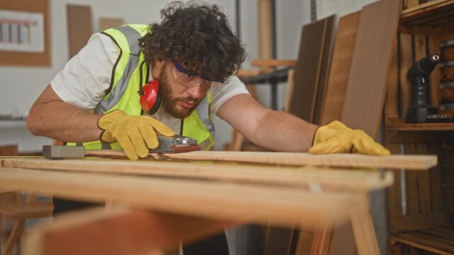 Man sanding a wood plank with a handheld sander, gloved hands on the plank, carpenter in a building; concentration craftsmanship.