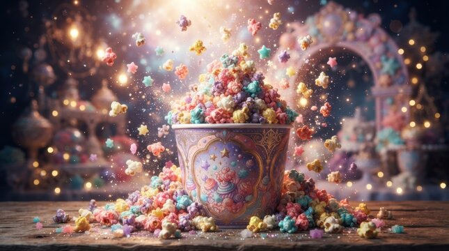 Colorful Popcorn Extravaganza: A whimsical display of vibrant, rainbow-colored popcorn overflowing from an ornate, decorative bowl, set against a backdrop of dazzling fairy lights and festive bokeh.