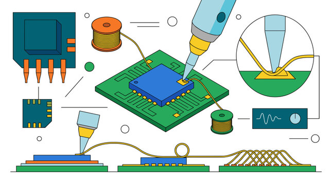 Microcontroller programming, soldering circuit board design illustration; electronic components assembly with wire and soldering iron; embedded systems technology concept for electronics
