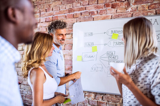 Business team working together on whiteboard at brick wall in office