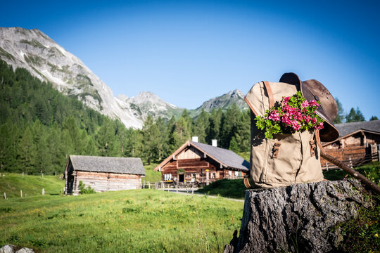Backpack with alpine flowers and hat near a hut in Austria