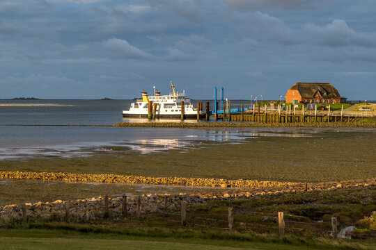A ferry docks at the harbour of Hallig Langeness in Germany