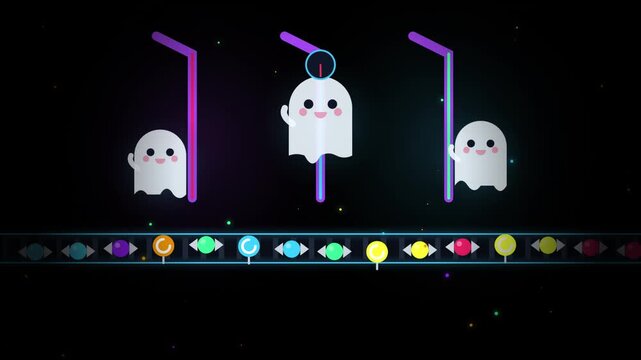 Charming Halloween Stage Visual with Teddy Bear, Glowing Rays, and Floating Particles Motion Graphic