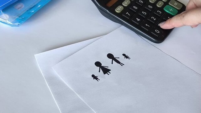 Drawing of a family on a table beside a woman calculating data, illustrating divorce, division of assets, financial consequences of separation, family breakdown and statistical analysis.