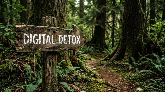 A wooden sign reading 'Digital Detox' in a lush, green forest setting, suggesting a natural escape.