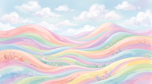 Pastel Rainbow Landscape with Dreamy Rolling Hills and Clouds