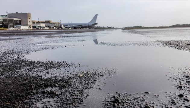 White commercial airplane on wet airport tarmac reflecting in rain puddles under overcast sky