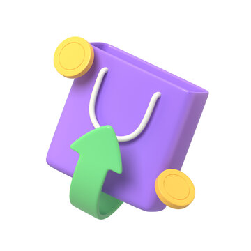 3D render of a purple shopping bag with a green arrow and gold coins symbolizing cashback profit and financial reward for online store purchases and e-commerce campaig.3d render
