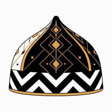 Pointed black prayer cap with gold geometric embroidery and white chevron base