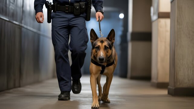 Oficial de polic&iacute;a con un perro pastor alem&aacute;n patrullando en un pasillo interior