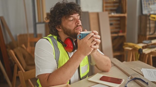 Man carpenter in hi vis vest and ear defenders holds blue coffee mug with both hands, eyes closed at a woodshop table inside a building; calm break.