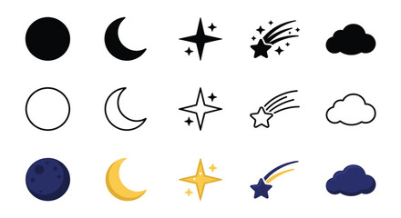 Fototapeta premium Celestial bodies and weather icons in a flat silhouette style